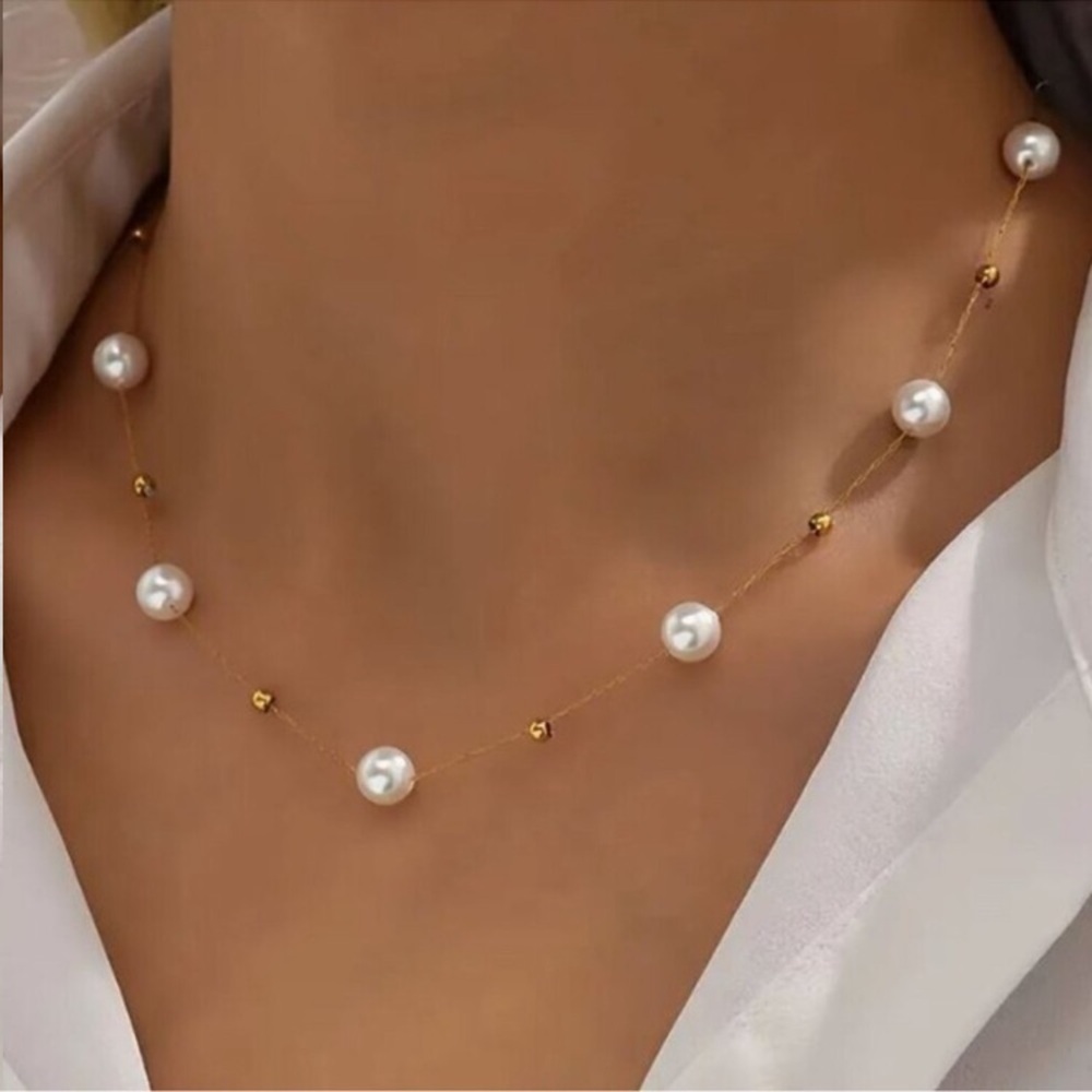 NEW 18K Gold Plated Pearl Station Chain Necklace - Picture 2 of 4